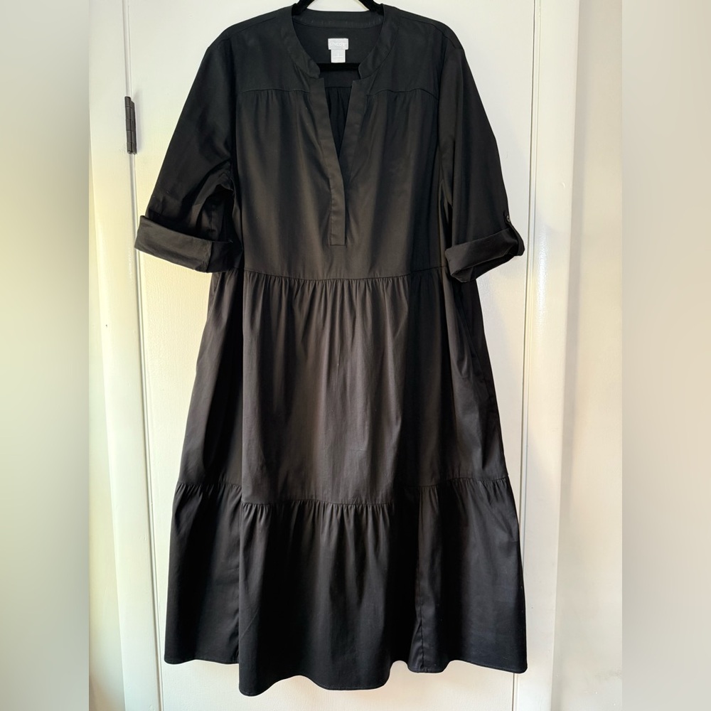Chico’s Solid Black Split Neck Roll Sleeve Tiered Midi Dress Cotton Size 3 16 XL